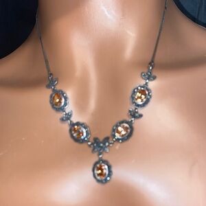 Vintage-Inspired Silver Necklace with Amber Gemstones 925